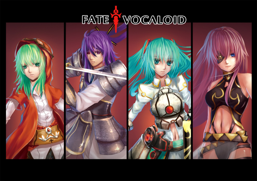 3girls aqua_eyes aqua_hair armor armored_dress blue_eyes breasts column_lineup cosplay dress eyepatch fate_(series) green_eyes green_hair gumi hatsune_miku hood kamui_gakupo katana long_hair megurine_luka multiple_girls navel parody pink_hair ponytail puffy_sleeves purple_eyes purple_hair saber saber_(cosplay) samurai_armor sode sword violet_eyes vocaloid weapon weiyinji_xsk