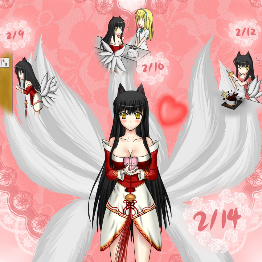 :o ahri animal_ears bag black_hair blush book breasts chibi chibi_inset chocolate cleavage cooking detached_sleeves fox_ears fox_tail heart highres league_of_legends long_hair multiple_tails shimo_hane smile solo surprised sweatdrop tail valentine very_long_hair yellow_eyes