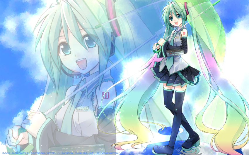 2008 boots cloud detached_sleeves hatsune_miku headset highres long_hair melt_(vocaloid) necktie open_mouth puddle rainbow_hair sato-pon skirt sky thigh-highs thigh_boots thighhighs twintails umbrella very_long_hair vocaloid zoom_layer