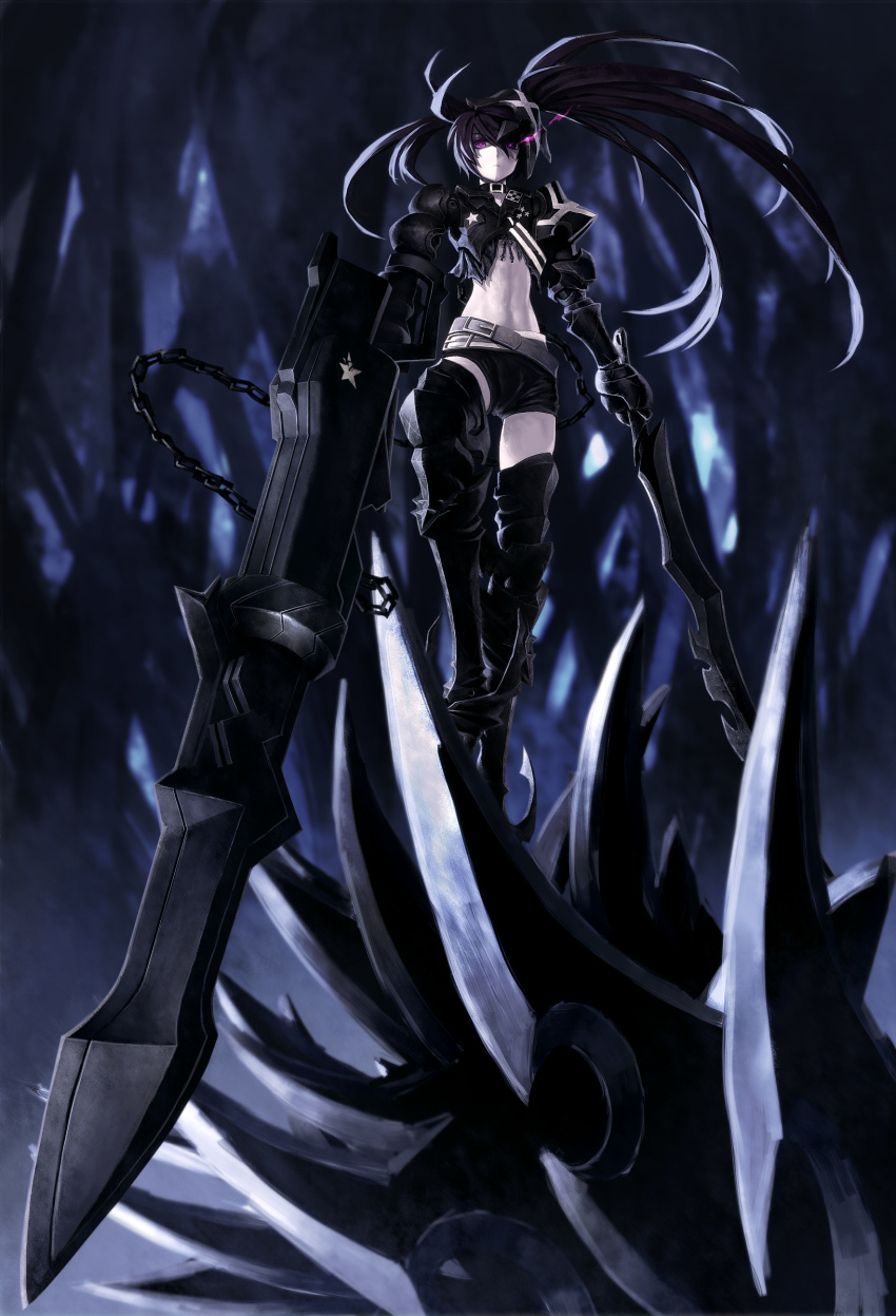 armor belt black_hair black_rock_shooter boots chain chains dual_wielding glowing glowing_eyes greaves highres huge_weapon insane_black_rock_shooter lain long_hair midriff navel purple_eyes shorts solo thigh-highs thighhighs twintails uneven_twintails violet_eyes weapon