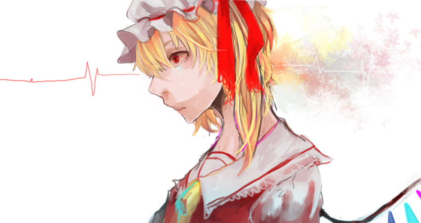 bad_id blonde_hair flandre_scarlet frea hat hat_ribbon red_eyes ribbon side side_ponytail solo touhou wings