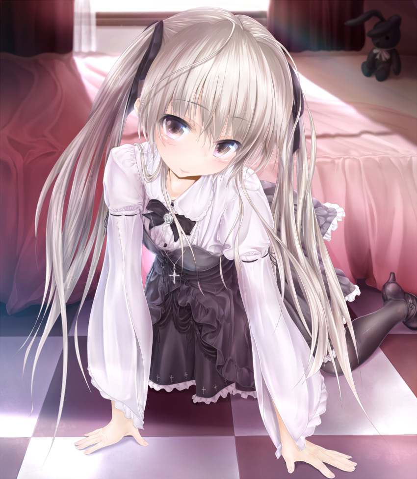 absurdres all_fours bed bed_sheet black_legwear brown_eyes checkered checkered_floor cross cross_necklace dress hair_ribbon highres kasugano_sora looking_at_viewer pantyhose ribbon smile solo stuffed_animal stuffed_bunny stuffed_toy twintails wingheart yosuga_no_sora