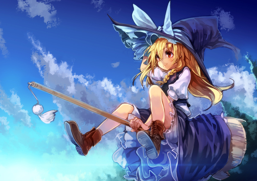 blonde_hair bow braid broom broom_riding cloud hat kirisame_marisa red_eyes revision riding solo touhou ukyo_rst witch witch_hat