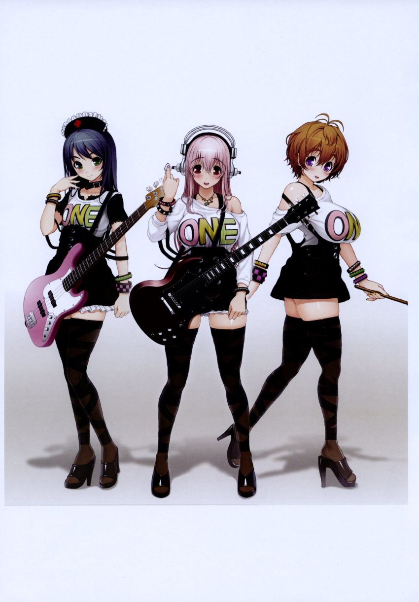 3girls absurdres ankle_lace-up antenna_hair axanael bare_shoulders black_hair blush breasts brown_hair cross-laced_footwear electric_guitar eyebrows fujimi_suzu green_eyes guitar headphones high_heels highres huge_breasts instrument large_breasts long_hair looking_at_viewer miniskirt multiple_girls nitroplus open_mouth open_shoes pink_hair purple_eyes red_eyes shoes short_hair simple_background skirt smile super_sonico thighhighs thighs tsuji_santa violet_eyes watanuki_fuuri