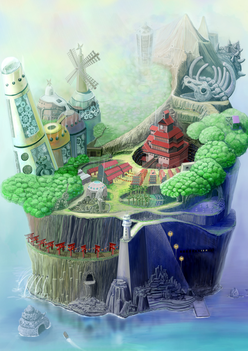 architecture copyright_request fantasy forest highres lamppost lighthouse nature new_island_(pokemon) ruun_(abcdeffff) scenery tree water windmill