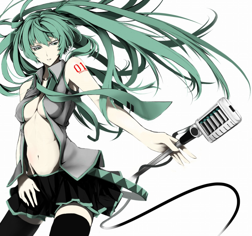 erise green_eyes green_hair hatsune_miku highres long_hair microphone microphone_stand mound_of_venus navel necktie open_clothes open_shirt simple_background skirt solo thigh-highs thighhighs vocaloid white_background