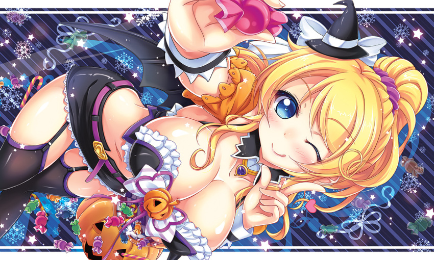 1girl ;q ayase_eli bat_wings black_legwear blonde_hair blue_eyes blush breasts candy cleavage garter_straps halloween hat jack-o'-lantern large_breasts looking_at_viewer love_live!_school_idol_project one_eye_closed ponytail short_hair solo thigh-highs tongue tongue_out vashaps2 wings witch_hat