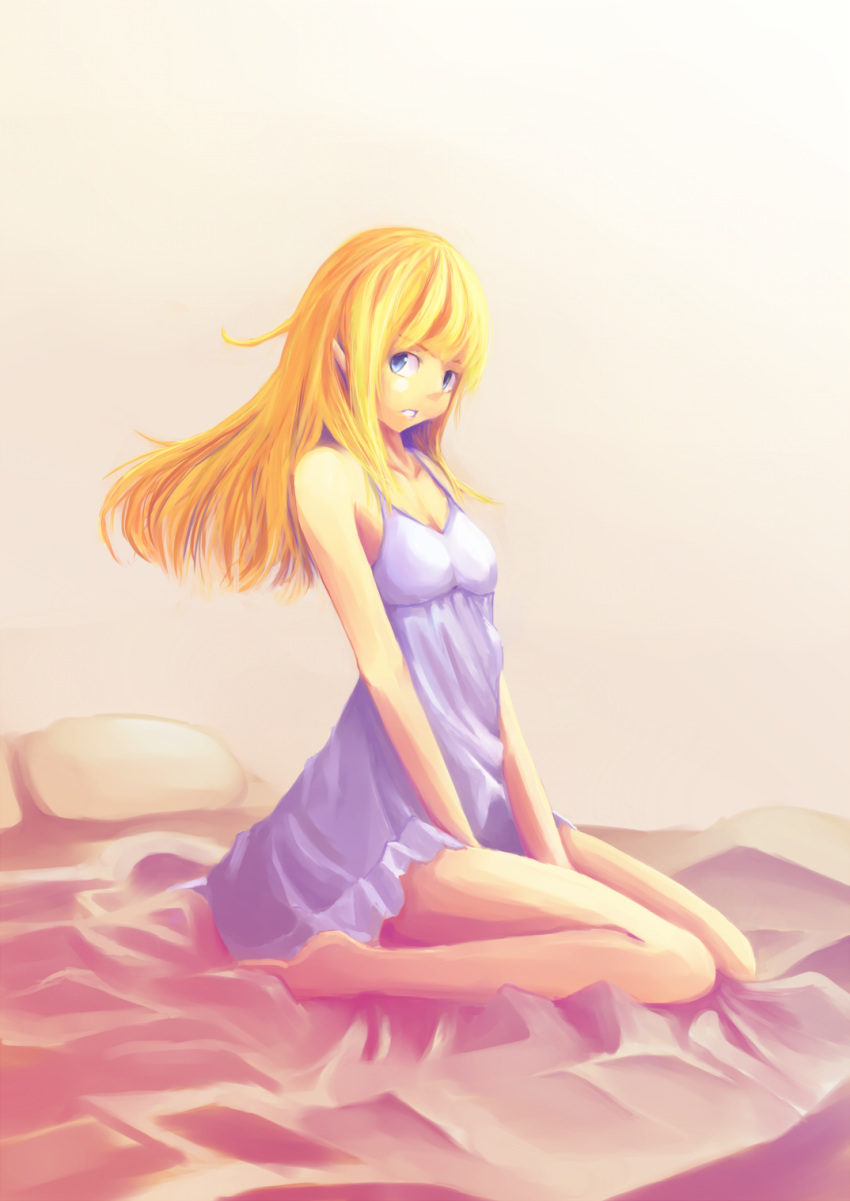 bed blonde_hair blue_eyes copyright_request flat_chest highres long_hair looking_at_viewer neige_(pleinair) sitting solo v_arms