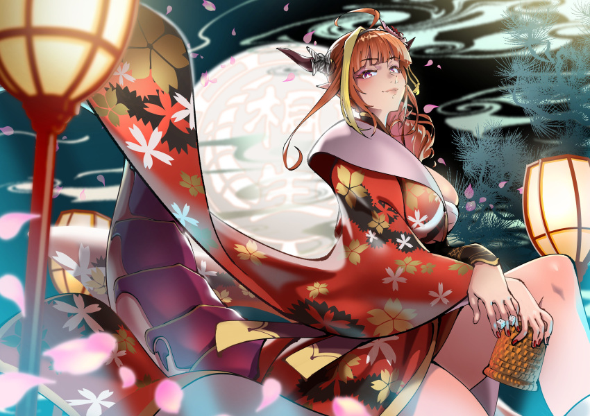 1girl absurdres ahoge between_fingers blonde_hair blurry blurry_foreground bow breasts closed_mouth commentary cowboy_shot crossed_arms cup diagonal-striped_bow dice dragon_horns dragon_tail fang floral_print hairband highres holding_dice hololive horn_bow horns japanese_clothes kimono kiryu_coco lantern large_breasts large_tail lips long_hair looking_at_viewer multicolored_hair nail_polish official_alternate_costume orange_hair petals pointy_ears red_kimono red_nails sakuramon sandal_master sarashi sitting skin_fang smile smoke solo streaked_hair tail thighs two-tone_hair violet_eyes virtual_youtuber wide_sleeves