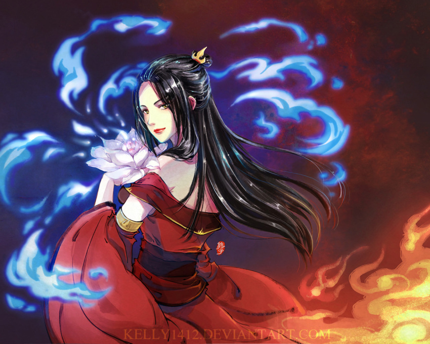 avatar:_the_last_airbender azula bare_shoulders black_hair blue_fire detached_sleeves fire flower kellylee lipstick long_hair makeup solo topknot yellow_eyes