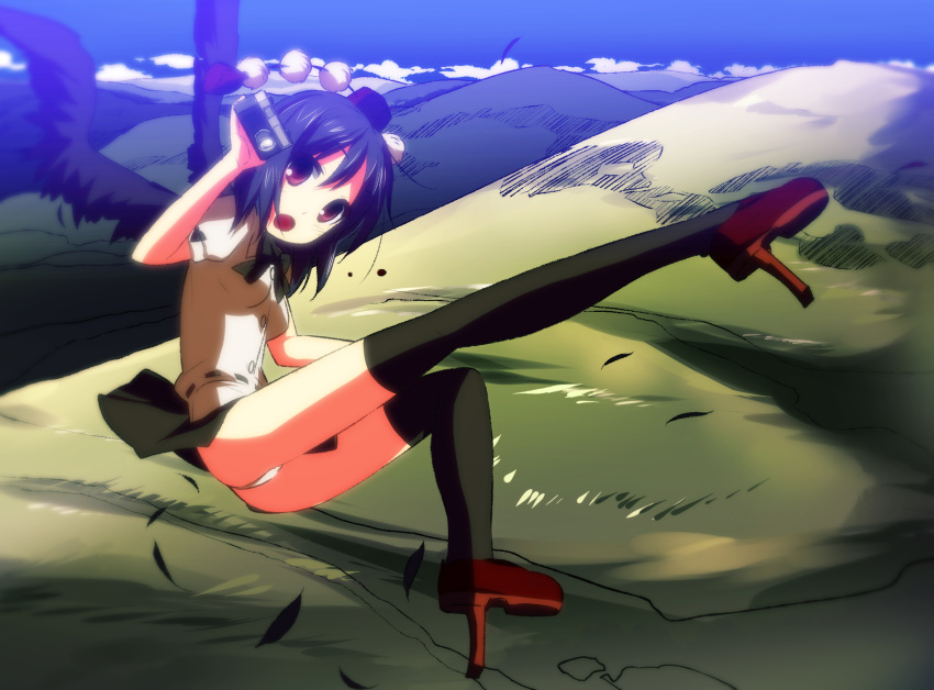 bad_proportions black_wings colored geta highres legs long_legs looking_at_viewer murasin open_mouth panties pantyshot shameimaru_aya skirt solo tengu-geta thighs touhou underwear wings