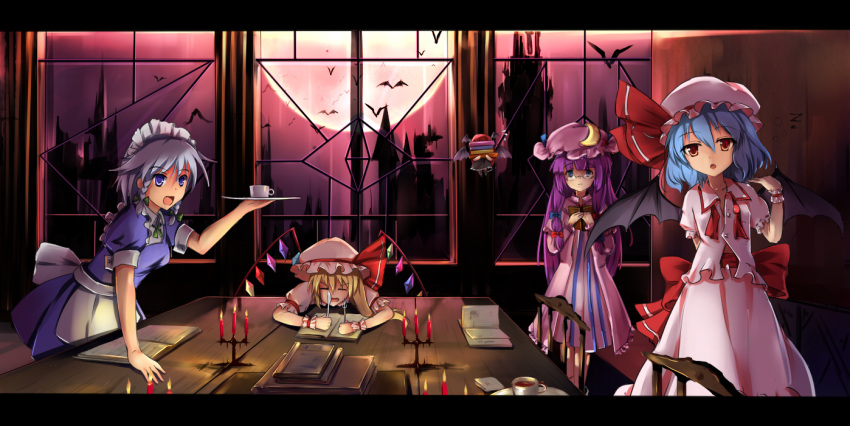 :o apron baisi_shaonian bat bat_wings bespectacled blonde_hair blue_eyes blue_hair book book_stack bow braid candle chibi closed_eyes crescent cup eyes_closed flandre_scarlet flying flying_sweatdrops fork full_moon glasses grey_hair hair_bow haraguroi_you hat head_wings holding holding_book izayoi_sakuya koakuma letterboxed long_hair looking_at_viewer maid maid_headdress minigirl moon multiple_girls patchouli_knowledge purple_hair red_eyes red_hair red_moon redhead remilia_scarlet scarlet_devil_mansion short_hair spoon the_embodiment_of_scarlet_devil touhou twin_braids waist_apron wings wrist_cuffs