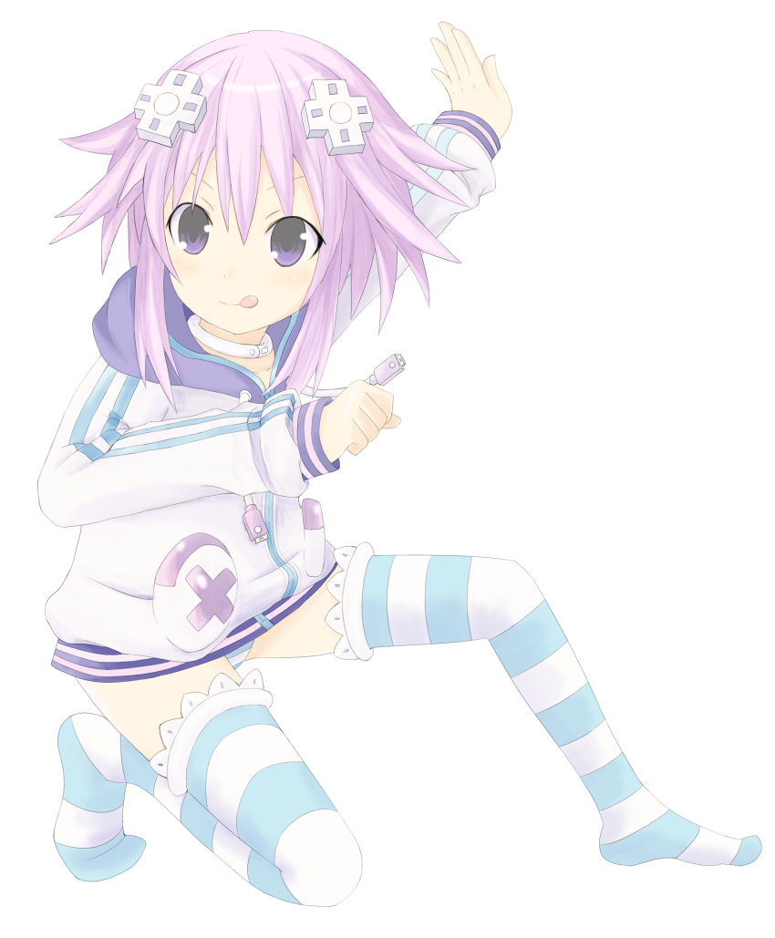 :p :q arm_up bad_id blush buran_(kure) choker choujigen_game_neptune compile_heart cradlehollow d-pad female girl gust_(neptune_series) hair_ornament highres idea_factory jacket kneeling long_hair neptune_(choujigen_game_neptune) nippon_ichi panties pantyshot purple_eyes purple_hair sega short_hair socks solo striped striped_panties striped_socks thigh-highs thighhighs tongue underwear violet_eyes zettai_ryouiki