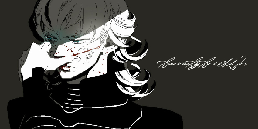 aqua_eyes barnaby_brooks_jr blood covering covering_face dark_background flat_color hand_on_own_face hoshino_lily injury male partially_colored scar scratches shade shaded_face solo tiger_&amp;_bunny
