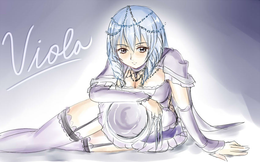 blue_eyes blue_hair blush breasts character_name claw_(weapon) cleavage detached_sleeves drill_hair du- garter_straps hair_ornament highres jewelry necklace on_side orb solo soul_calibur soulcalibur soulcalibur_v thigh-highs thighhighs twin_drills viola_(soulcalibur)