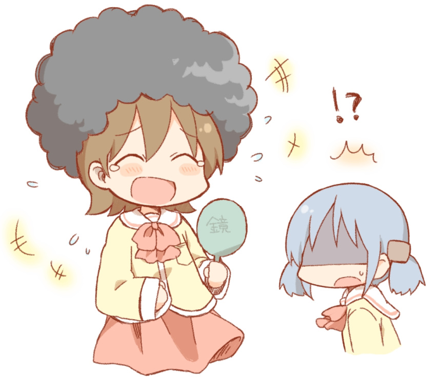 2girls afro aioi_yuuko bad_id blue_hair blush_stickers brown_hair daitirumoesu hair_cubes hair_ornament hand_mirror laughing log long_sleeves mirror multiple_girls naganohara_mio nichijou open_mouth school_uniform shaded_face short_hair short_twintails skirt sweatdrop tears twintails white_background wig