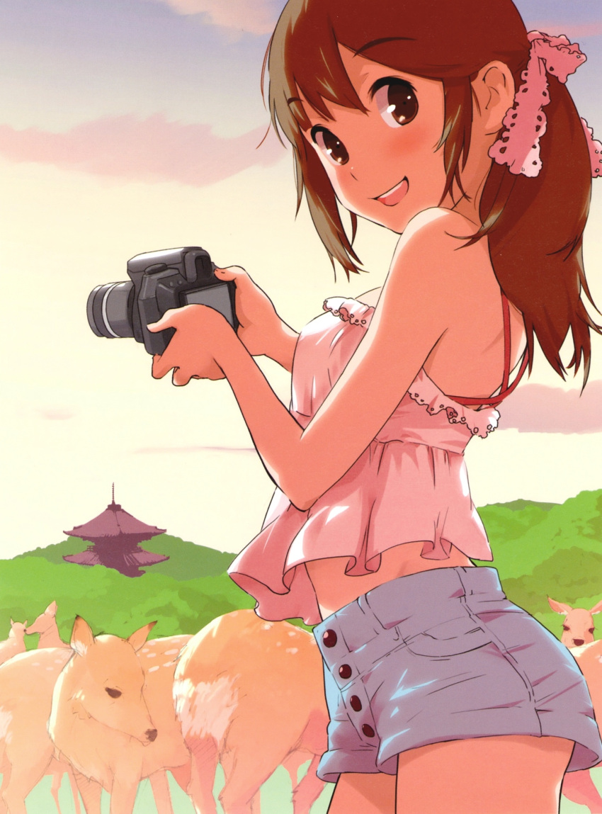 :d artist_request bare_shoulders blonde_hair brown_eyes brown_hair building camera camisole character_request cloud deer hair_ribbon hanaosutarou highres laces long_hair looking_at_viewer looking_back midriff open_mouth original outdoors ponytail ribbon short_shorts shorts sky smile solo sort
