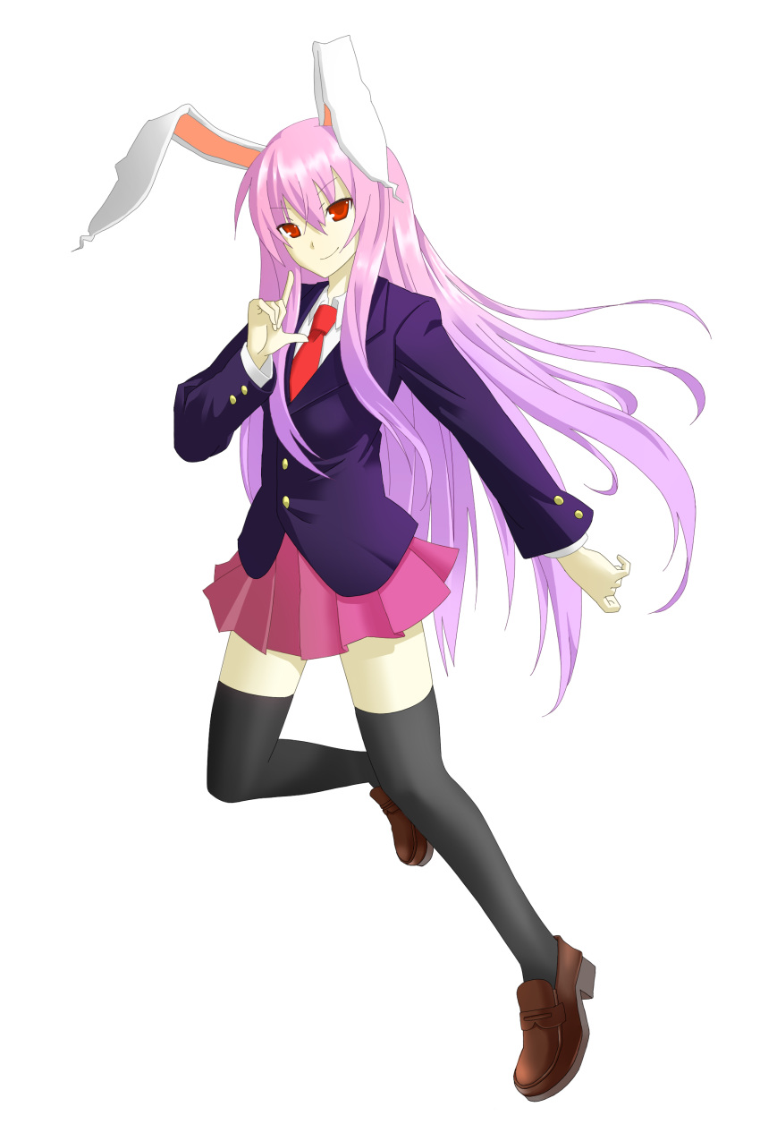 1girl absurdres animal_ears black_legwear blazer bunny_tail dress_shirt finger_gun grey_background highres hyounosen_ena jacket loafers long_hair long_sleeves looking_at_viewer necktie one_leg_raised pink_skirt pleated_skirt pointing pointing_up purple_hair rabbit_ears red_eyes red_necktie reisen_udongein_inaba shirt shoes simple_background skirt smile solo tail thigh-highs touhou very_long_hair white_shirt zettai_ryouiki