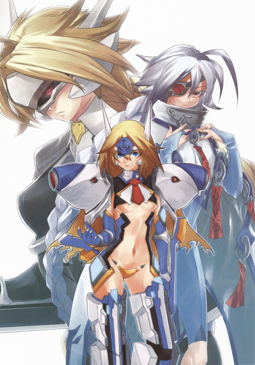 absurdres ahoge arc_system_works blazblue blonde_hair blue_eyes blue_gloves braid breasts bridal_gauntlets center_opening crotch_plate elbow_gloves eyepatch forehead_protector gloves highres lambda-11 long_hair mecha_musume mu-12 multiple_girls nail_polish navel necktie nu-13 official_art pauldrons red_eyes robot_ears silver_hair single_braid single_eye under_boob underboob very_long_hair visor