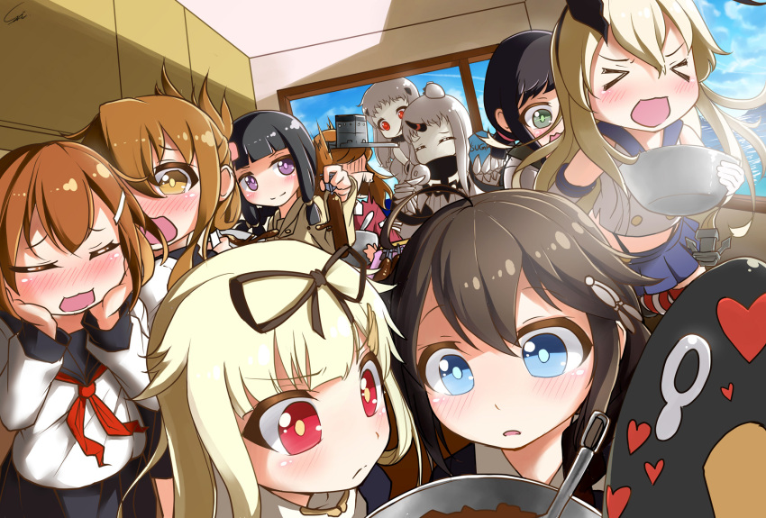 &gt;_&lt; :d ^_^ ahoge black_hair blonde_hair blue_eyes blush bow brown_hair carillus claws closed_eyes dress dutch_angle failure_penguin folded_ponytail fubuki_(kantai_collection) green_eyes hair_bow hair_ornament hair_ribbon hairband hairclip hands_on_own_cheeks hands_on_own_face highres horn horns ikazuchi_(kantai_collection) inazuma_(kantai_collection) kantai_collection kitakami_(kantai_collection) long_hair looking_at_viewer low_ponytail magatama mittens northern_ocean_hime open_mouth piggyback pleated_skirt purple_hair red_eyes ribbon ryuujou_(kantai_collection) school_uniform seaport_hime serafuku shigure_(kantai_collection) shimakaze_(kantai_collection) shinkaisei-kan short_hair silver_hair skirt smile valentine visor_cap white_dress white_skin xd yuudachi_(kantai_collection)