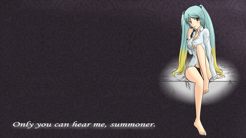 1920x1080 aqua_hair barefoot black_panties blonde_hair blush bow breasts cleavage dress_shirt english finger_to_mouth gradient_hair hair_bow highres league_of_legends long_hair multicolored_hair panties red_eyes shimo_hane shirt smile solo sona_buvelle twintails underwear very_long_hair wallpaper
