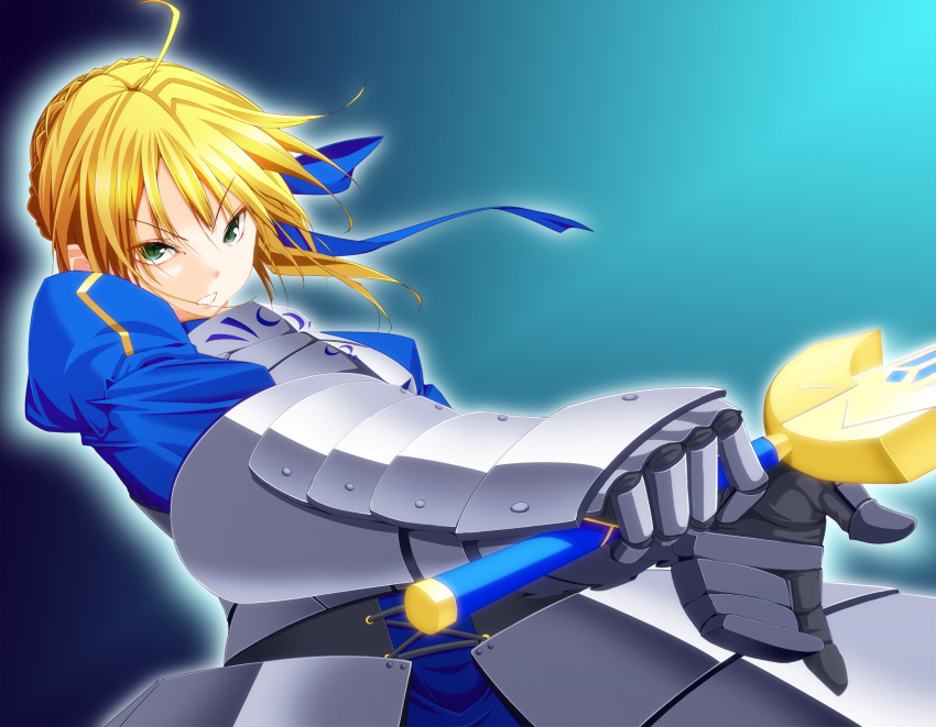 ahoge armor armored_dress blonde_hair dress excalibur fate/stay_night fate_(series) gauntlets gorito green_eyes hair_ribbon highres ribbon saber solo sword weapon