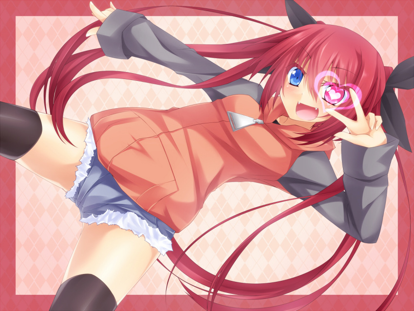 bow fangs hair_ribbons heart heterochromia long_hair long_sleeves redhead shorts suterii thigh-highs twintails v