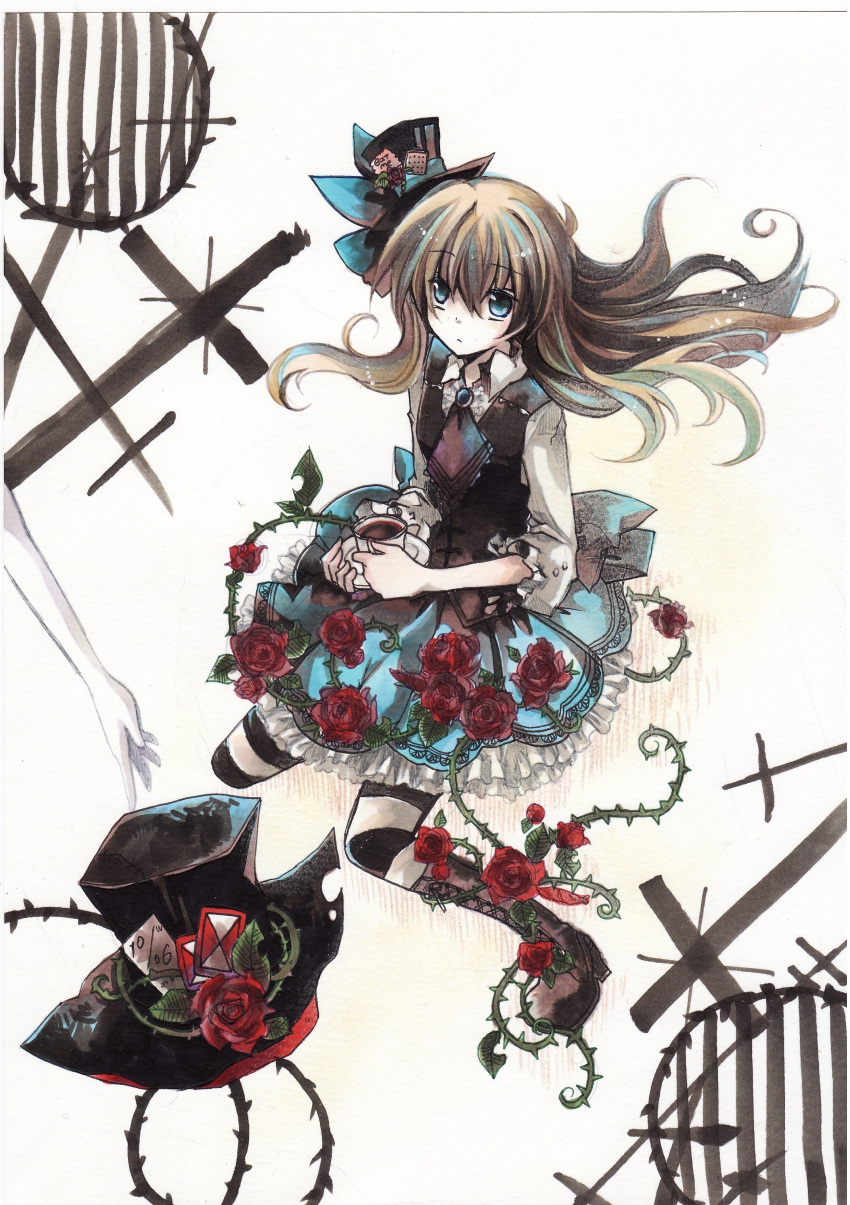 absurdres alice_(wonderland) alice_in_wonderland bad_id blonde_hair blue_eyes card crossed_arms cup flower hat highres holding long_hair pastel_(medium) playing_card red_rose rose satsuan0120 saucer skirt solo striped striped_legwear teacup thorns top_hat traditional_media