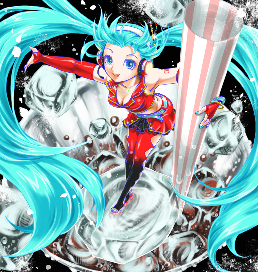 aqua_eyes aqua_hair bracelet cola_miku elbow_gloves fingerless_gloves from_above glass gloves hatsune_miku headphones headset ice jewelry long_hair looking_at_viewer minigirl necklace skirt smile solo straw tomabo twintails very_long_hair vocaloid