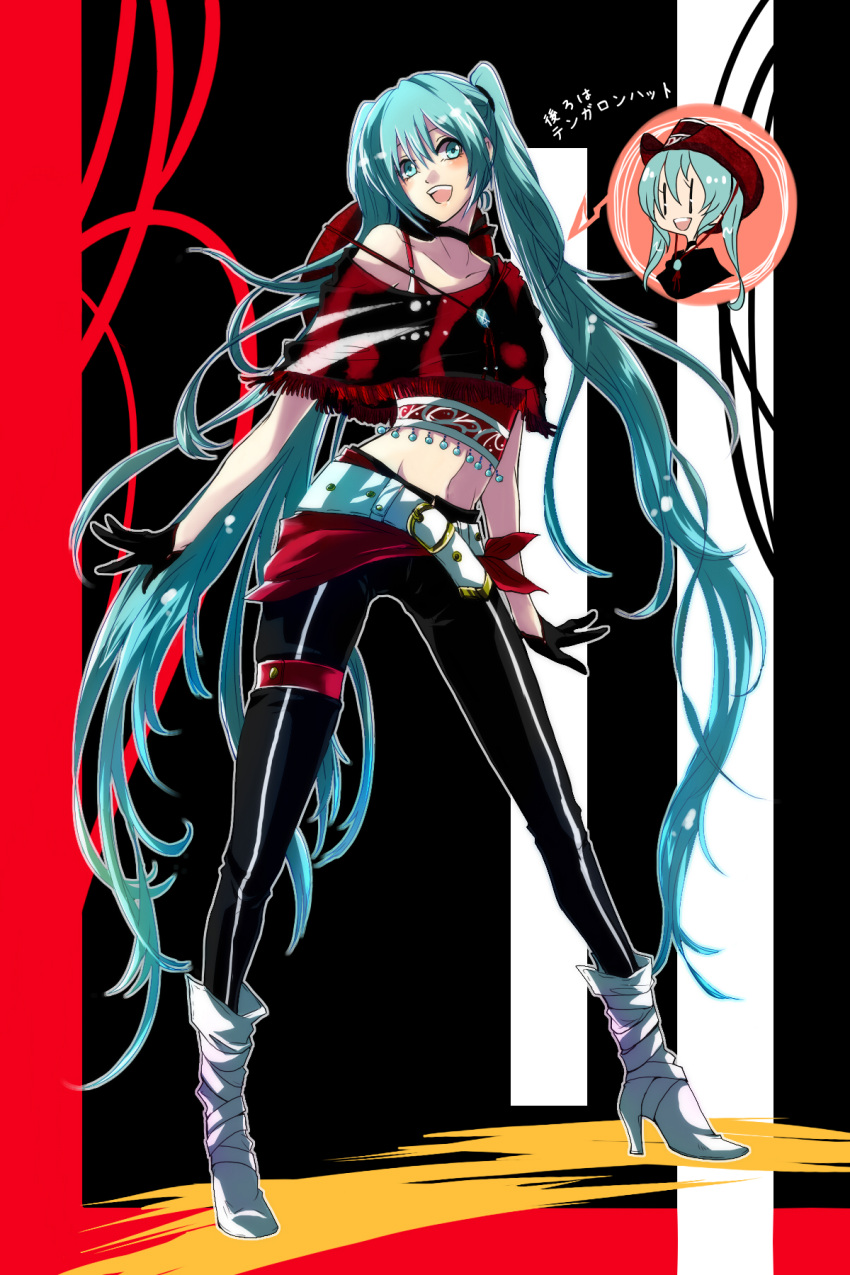 aqua_eyes aqua_hair belt boots chibi chibi_inset cola_miku gloves hat hatsune_miku highres kazusa long_hair looking_at_viewer off_shoulder open_mouth pants smile solo twintails very_long_hair vocaloid