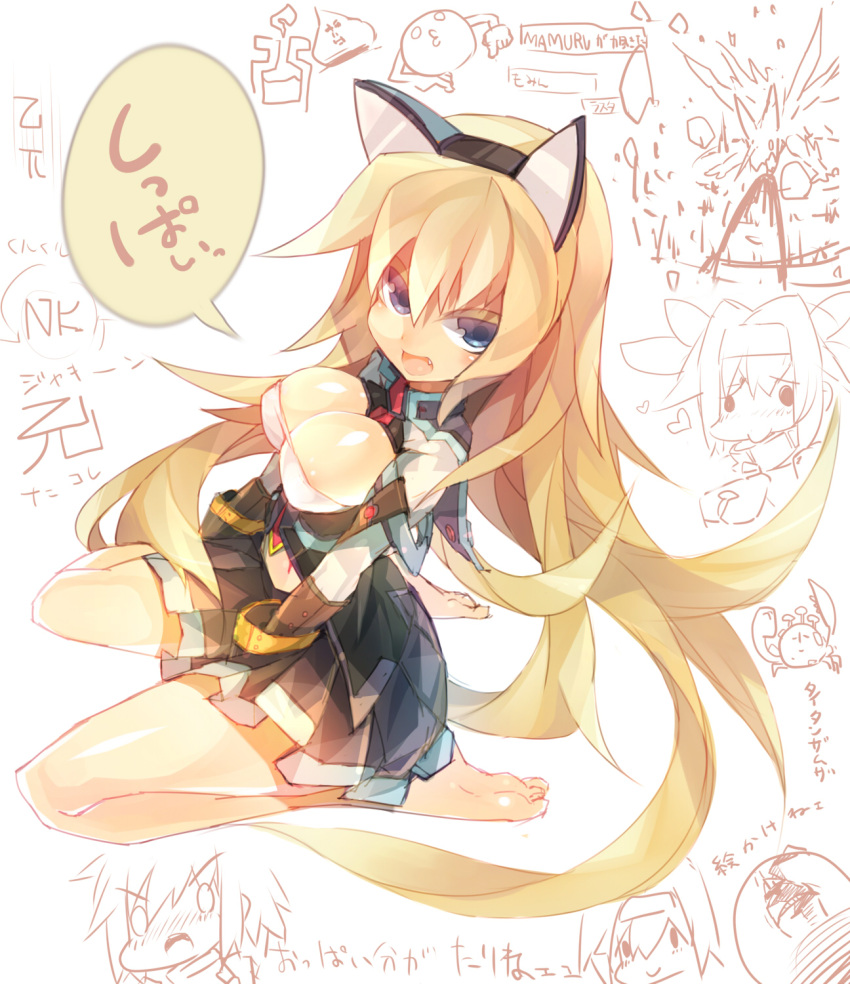 animal_ears barefoot blonde_hair blue_eyes breasts cat_ears character_request cleavage fake_animal_ears fang highres long_hair mamuru monster_hunter monster_hunter_frontier open_mouth sitting skirt solo wariza