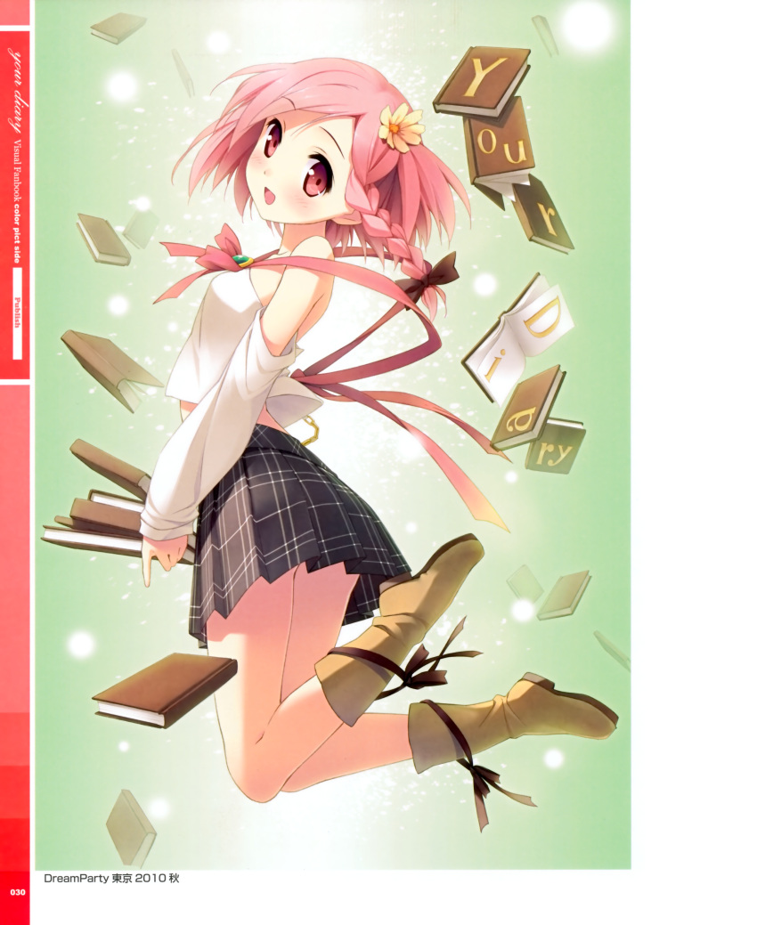 absurdres bare_shoulders blush book boots braid flower hair_flower hair_ornament hair_ribbon highres jumping kantoku looking_at_viewer looking_back open_mouth pink_eyes pink_hair plaid plaid_skirt pleated_skirt ribbon short_hair side_braid skirt smile solo your_diary yua_(your_diary)