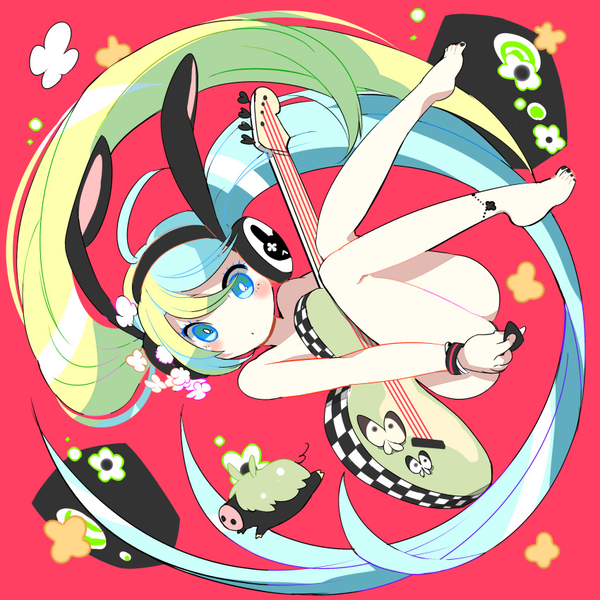 absurdres animal_ears anklet aqua_eyes aqua_hair barefoot bunny_ears fake_animal_ears gin_(oyoyo) green_hair hatsune_miku headphones highres jewelry kemonomimi_mode long_hair looking_at_viewer nude open_mouth solo twintails very_long_hair vocaloid