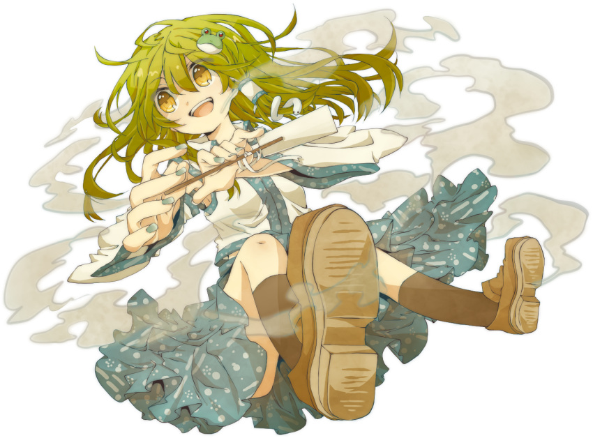 bad_id bad_perspective detached_sleeves frog_hair_ornament green_hair hair_ornament hair_tubes henki_(orange) kochiya_sanae long_hair nail_polish open_mouth orange0770 skirt smile snake solo touhou yellow_eyes