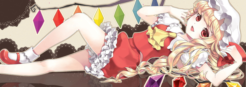 ascot bad_id bare_legs blonde_hair bow doily flandre_scarlet footwear frilled_skirt frilled_sleeves frills hat hat_bow highres legs long_hair lying mary_janes nail_polish puffy_sleeves pukozin red_eyes red_shoes reflection shoes short_sleeves side_ponytail skirt skirt_set smile socks solo touhou white_legwear wings