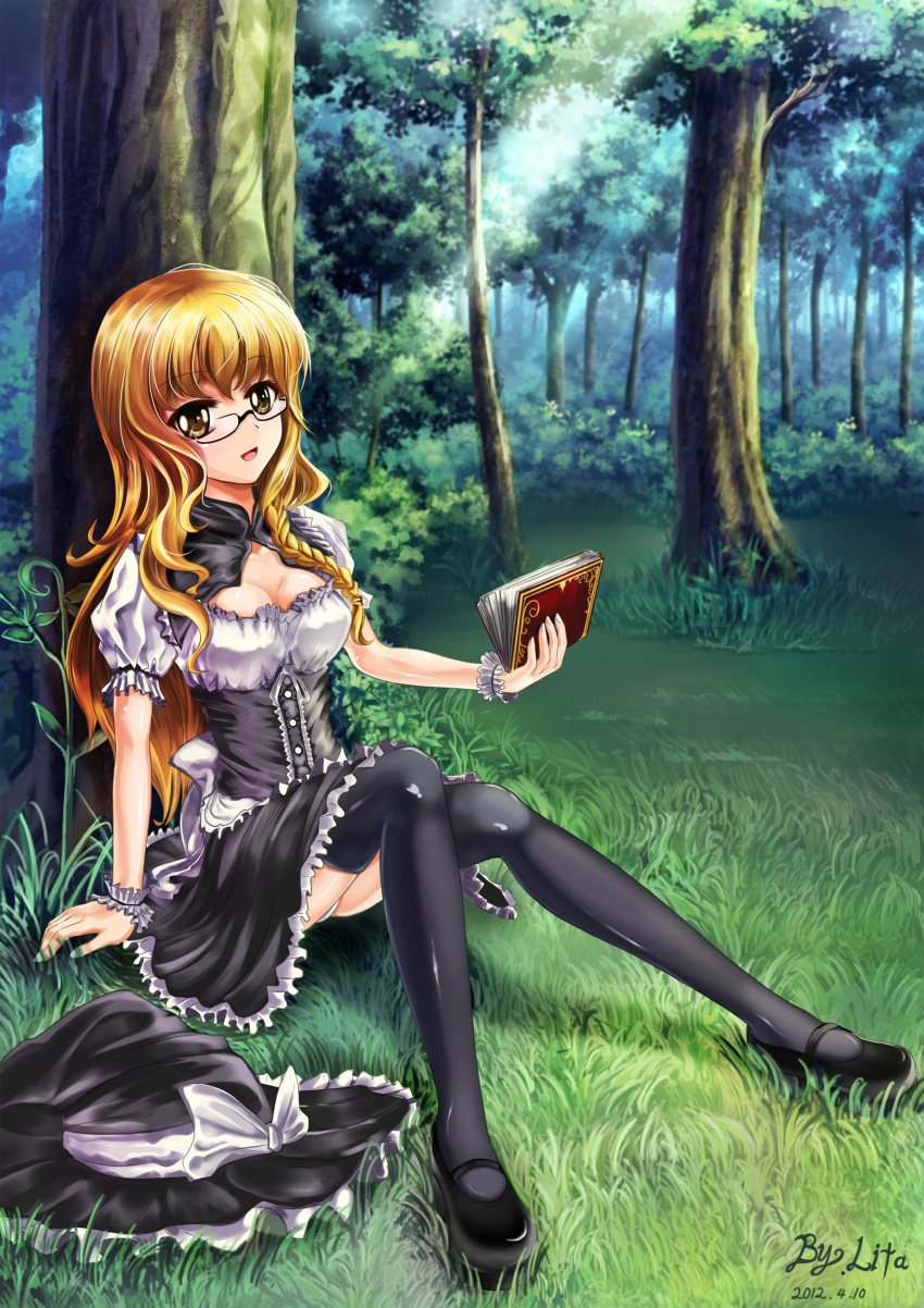 absurdres bespectacled black_legwear blonde_hair book bow braid breasts brown_eyes cleavage forest glasses hat hat_bow hat_removed headwear_removed highres kirisame_marisa lita_(keyboard000) long_hair mary_janes nature panties shoes single_braid sitting solo thigh-highs thighhighs touhou underwear white_panties witch_hat wrist_cuffs