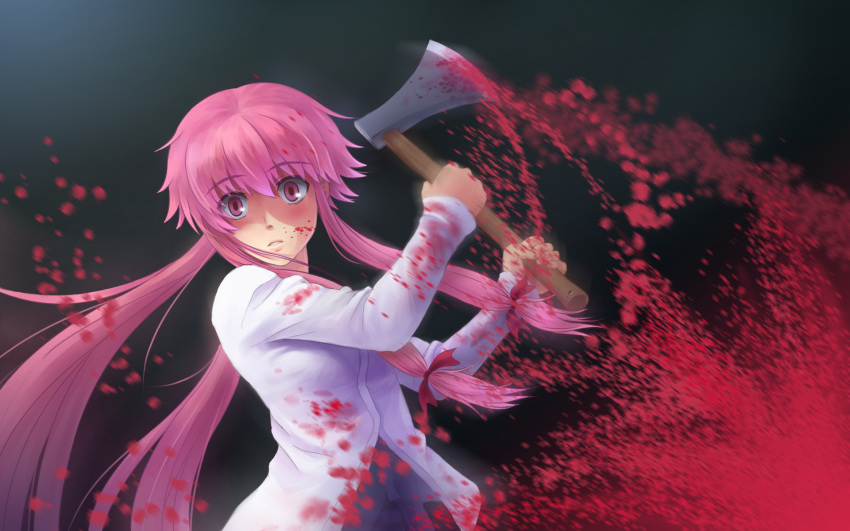 blood gasai_yuno long_hair mirai_nikki pink_eyes pink_hair ribbons weapon