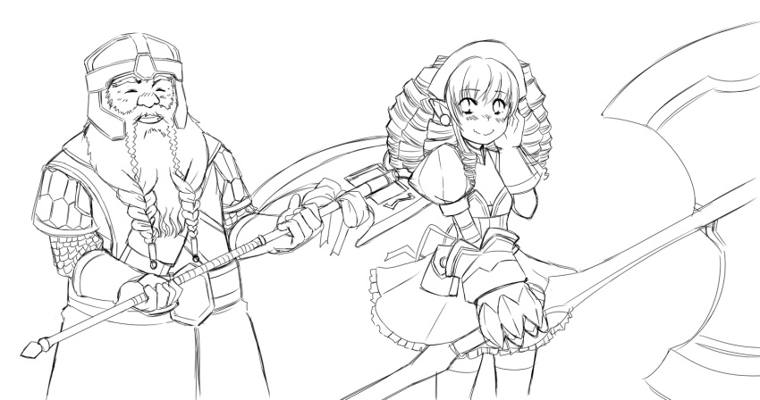 1girl armor axe battle_axe beard blush chainmail crossover dress dwarf earrings facial_hair flat_chest gift gimli gloves helmet highres jewelry kekekeke lineart lord_of_the_rings monochrome queen's_blade queen's_blade ribbon ringlets thigh-highs thighhighs weapon ymir