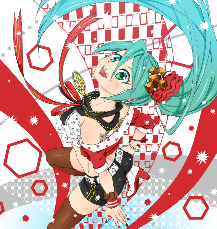aqua_eyes aqua_hair boots bracelet cola_miku harayan hatsune_miku headphones highres jewelry long_hair looking_at_viewer looking_up nail_polish necklace open_mouth shorts side_ponytail smile solo thigh-highs thighhighs very_long_hair vocaloid wrist_cuffs