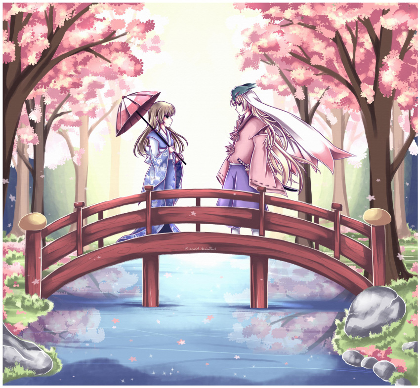 1girl absurdres artist_self-insert blonde_hair blue_eyes bridge brown_hair cherry_blossoms highres japanese_clothes katana kimono long_hair mask midna01 okami ookami_(game) parasol reflection river sheath sheathed signature sword tree umbrella ushiwakamaru very_long_hair weapon