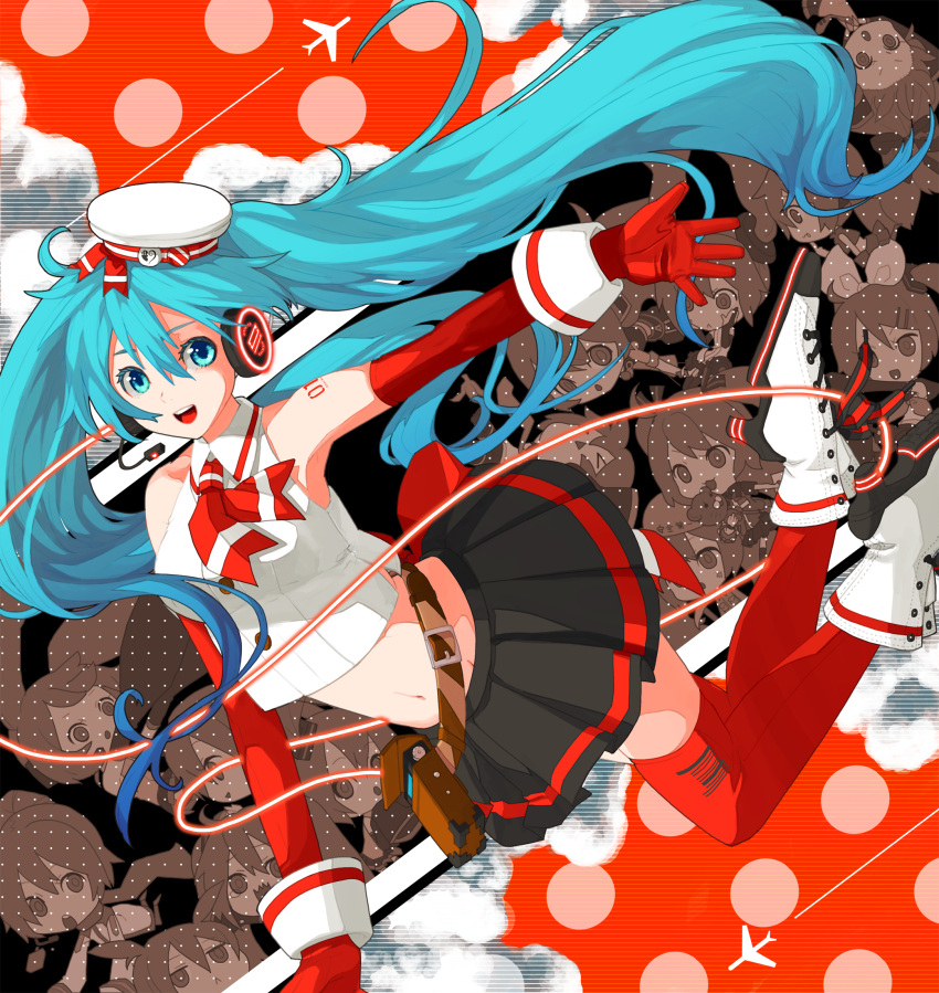 airplane aqua_eyes aqua_hair artist_request boots cola_miku condensation_trail elbow_gloves gloves hat hatsune_miku headphones headset highres long_hair looking_at_viewer midriff navel open_mouth shoew skirt smile solo thigh-highs thighhighs twintails very_long_hair vocaloid zettai_ryouiki