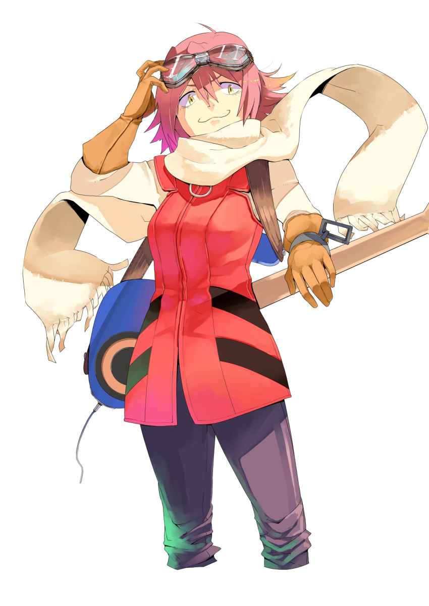 :3 adjusting_goggles bass_guitar electric_guitar flcl gainaxtop gloves goggles goggles_on_head guitar haruhara_haruko helmet highres instrument jacket long_sleeves looking_at_viewer pants pink_hair scarf short_hair simple_background solo tebakan white_background wind yellow_eyes