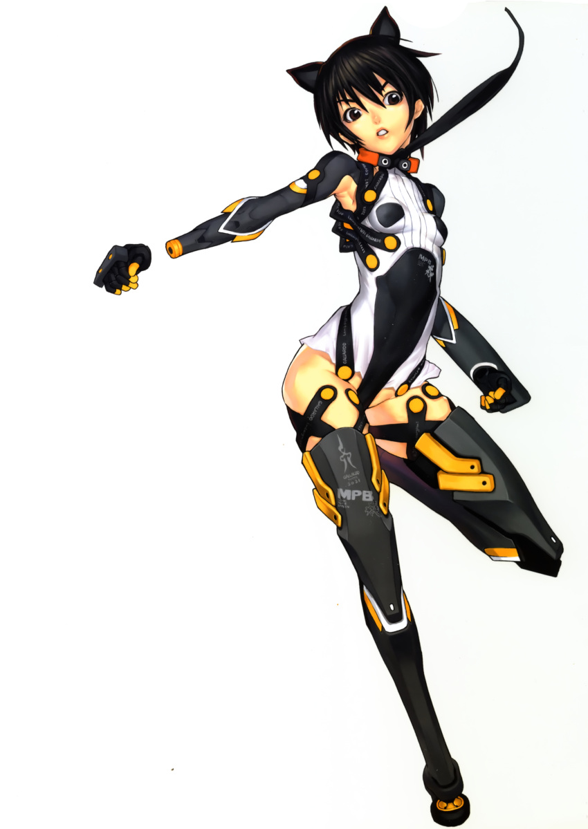 absurdres animal_ears armpits black_hair black_legwear bodysuit boots brown_eyes cyborg hakua_ugetsu highres looking_at_viewer mecha_musume original parted_lips short_hair simple_background solo thigh-highs thigh_boots thighhighs white_background