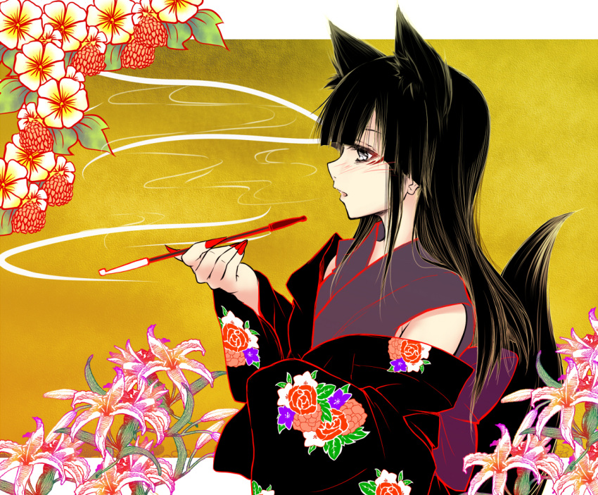 black_eyes black_hair copyright_request daiki fingernails flower fox_ears kiseru long_hair nail_polish original pipe tail