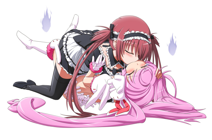 airi bunny character_request closed_eyes dress eyes_closed forced gloves kiss lolita_fashion long_hair luna_(queen's_gate) maid maid_headdress multiple_girls on_back pink_hair queen's_blade queen's_blade queen's_blade_rebellion queen's_gate_spiral_chaos red_hair seiki_kyushu shirosame simple_background stuffed_animal stuffed_toy tears thigh-highs twintails very_long_hair white white_background yuri