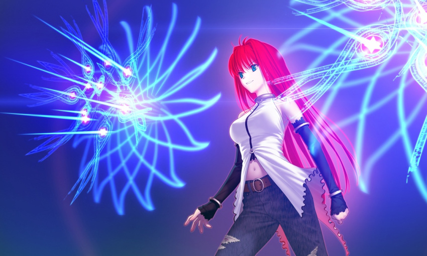 aozaki_aoko belt blue_eyes elbow_gloves game_cg gloves glowing glowing_hair jeans koyama_hirokazu long_hair magic mahou_tsukai_no_yoru red_hair redhead solo spoilers