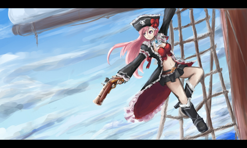 antique_firearm arceonn boots bow breasts bustier captain_liliana firelock flared_muzzle flintlock frills gun hair_bow hat highres jolly_roger knee_boots large_breasts letterboxed long_coat long_hair microskirt midriff navel pink_eyes pink_hair pirate pirate_hat pistol queen's_blade queen's_blade_rebellion queen's_blade queen's_blade_rebellion ship skull_and_crossed_swords solo weapon