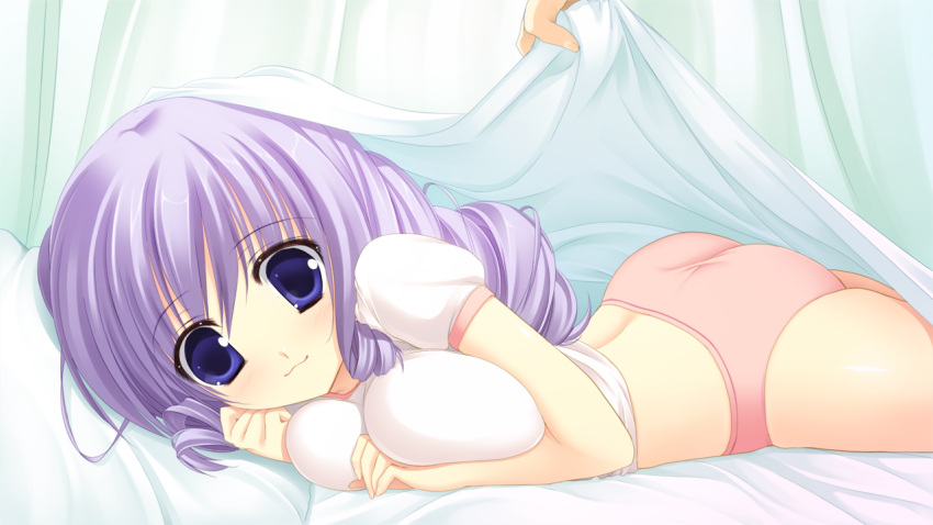 1girl :3 bed game_cg panties purple_eyes purple_hair smile solo strawberry_feels underwear yoshiwo