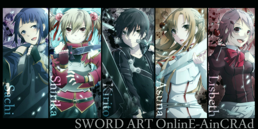 black_eyes black_hair blonde_hair blue_eyes blue_hair bow breastplate brown_eyes brown_hair column_lineup dual_wielding fingerless_gloves gloves hair_bobbles hair_ornament highres kirito kirito_(tundereyuina) lisbeth long_hair mole open_mouth pina_(sao) sachi_(sao) short_hair short_twintails silica smile sword sword_art_online tundereyuina twintails weapon yuuki_asuna