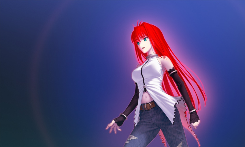 aozaki_aoko belt blue_eyes elbow_gloves game_cg gloves glowing glowing_hair jeans koyama_hirokazu long_hair mahou_tsukai_no_yoru navel red_hair redhead solo spoilers torn_clothes torn_jeans